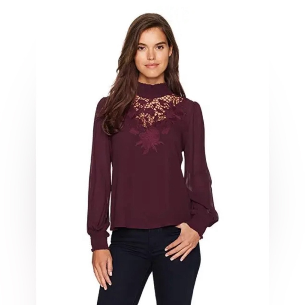 ASTR THE LABEL Claire Embroidered Lace Blouse Burgundy M Long Sleeve Whimsigoth